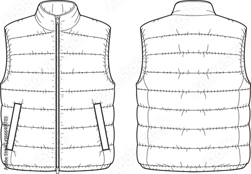 quilted vest Front and back fashion sketch of a padded