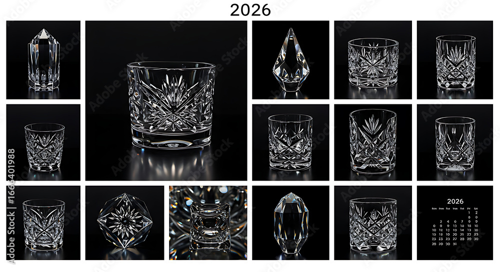Fototapeta premium Collection of intricately patterned crystal glasses on a dark background