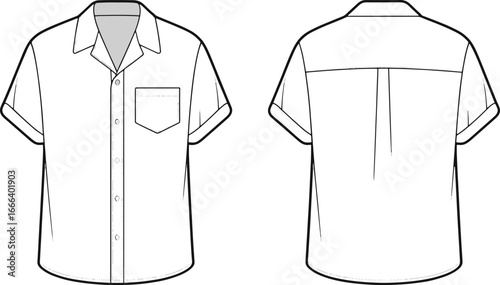 short sleeve collared shirt fashion flat sketch Front and back view