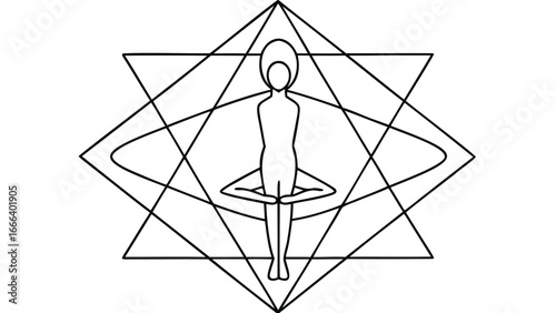 Person in lotus pose surrounded by geometric shapes and an oval frame in black and white line art