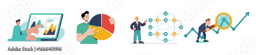 set of data analysis vector illustrations, business analysts with charts and diagrams, market research and performance tracking