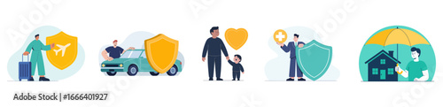 set of insurance vector illustrations , people with shields protecting family and property, risk management and asset coverage