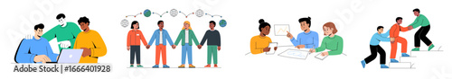set of cultural diversity vector illustrations, diverse team holding hands and collaborating, inclusion, teamwork and community building