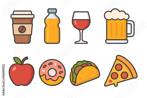 Vector icon collection of food and drinks. Set includes coffee, juice, wine, beer, apple, donut, taco, pizza. Flat graphic elements for fast food, menu or unhealthy diet.