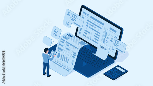 accountant filing tax form online with laptop, isometric vector illustration, digital accounting, financial documentation and e-invoicing