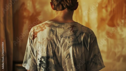 A person stands in front of a grimy or dirty wall, possibly with graffiti or vandalism