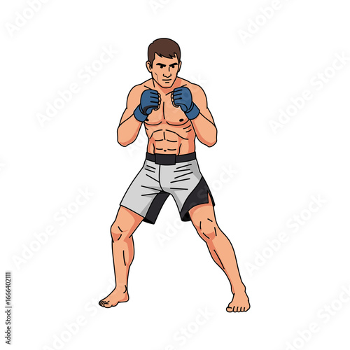 A muscular man in fighting stance wearing MMA shorts and gloves, ready for combat.