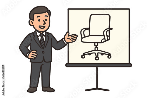 Businessman presenting a new office chair on a presentation screen. Sales pitch concept. Product demonstration. Corporate training, seminar, meeting. Office furniture.