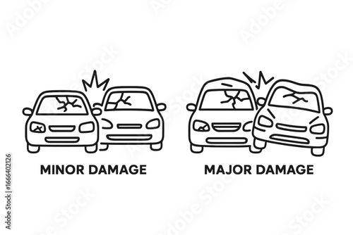 Car accident illustration showing minor and major damage severity. Vector icons for auto insurance claims, collision repair, and road incidents. Car crash comparison concept.