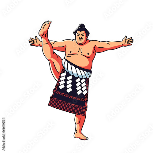A sumo wrestler in a dynamic pose, demonstrating flexibility and balance during training or performance.