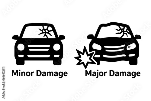 Car collision icons showing minor and major damage. Auto accident concept. Vehicle crash symbols for insurance claim, repair service. Broken windshield, wrecked car vector set.