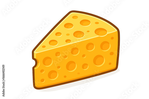 Wedge of Swiss cheese vector illustration. Cartoon icon of a yellow cheese slice with holes. Dairy food product isolated on white for culinary, grocery, or menu design.