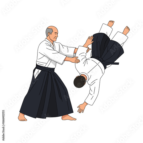 An illustration of two men practicing Aikido, with an older sensei performing a throw on a younger student during a martial arts training session.