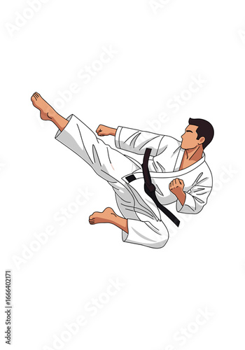 Karate practitioner in a dynamic pose, executing a powerful kick during training or competition.