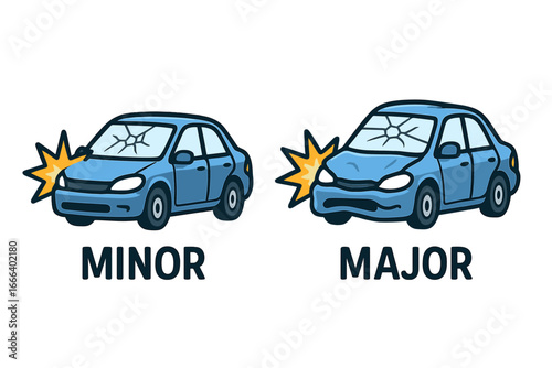 Car collision icons showing minor and major damage. Vector illustration of a crash with cracked windshield and dented body. Auto accident comparison for insurance or repair.