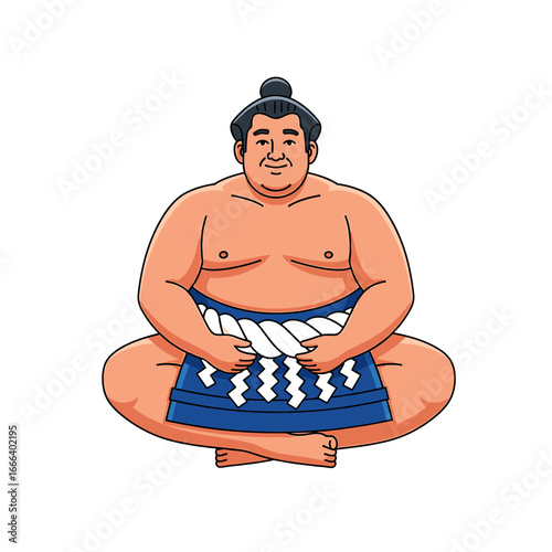 Cartoon illustration of a seated sumo wrestler.