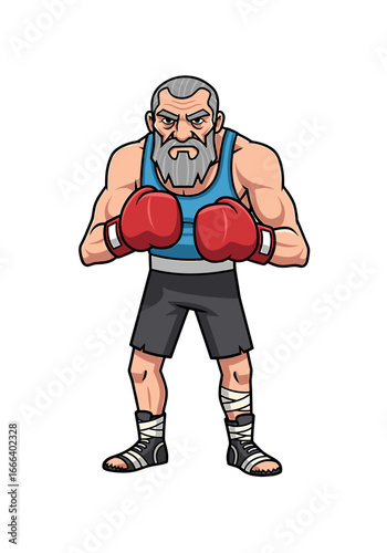 Cartoon illustration of an elderly male boxer with a grey beard, wearing red gloves and a blue tank top, standing in a fighting stance.