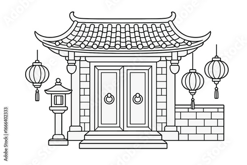 Chinese temple gate with paper lanterns. Traditional Asian architectural design. Japan shrine building outline. Palace entrance line art for coloring book. Vector illustration.