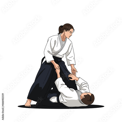 Aikido practitioners demonstrating a technique, with one person standing and the other on the ground.