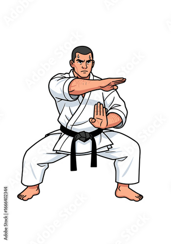 Karate practitioner in stance wearing gi and black belt.