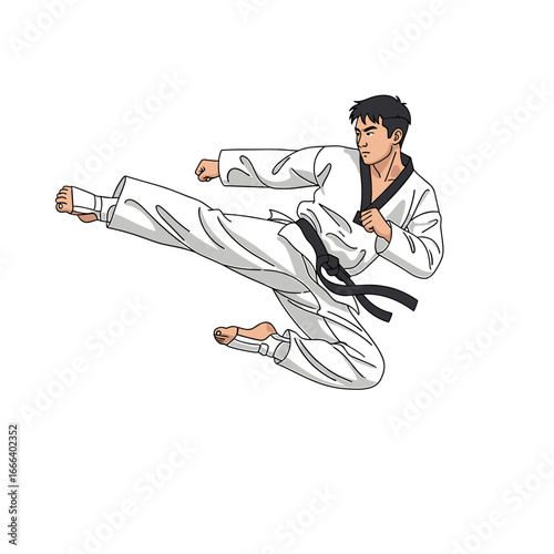 Taekwondo athlete performing a high kick.