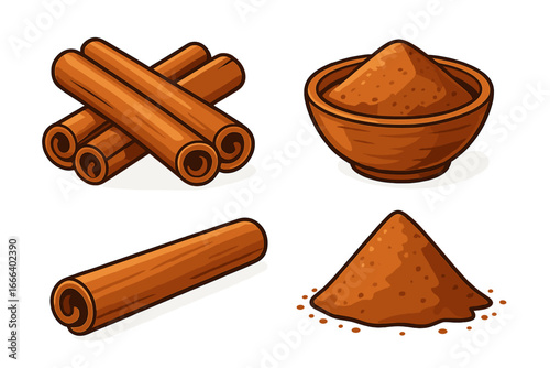 Cinnamon sticks and powder set. Vector cartoon illustration of aromatic spice for cooking and baking. Food ingredient collection. Isolated flavor elements for culinary design.