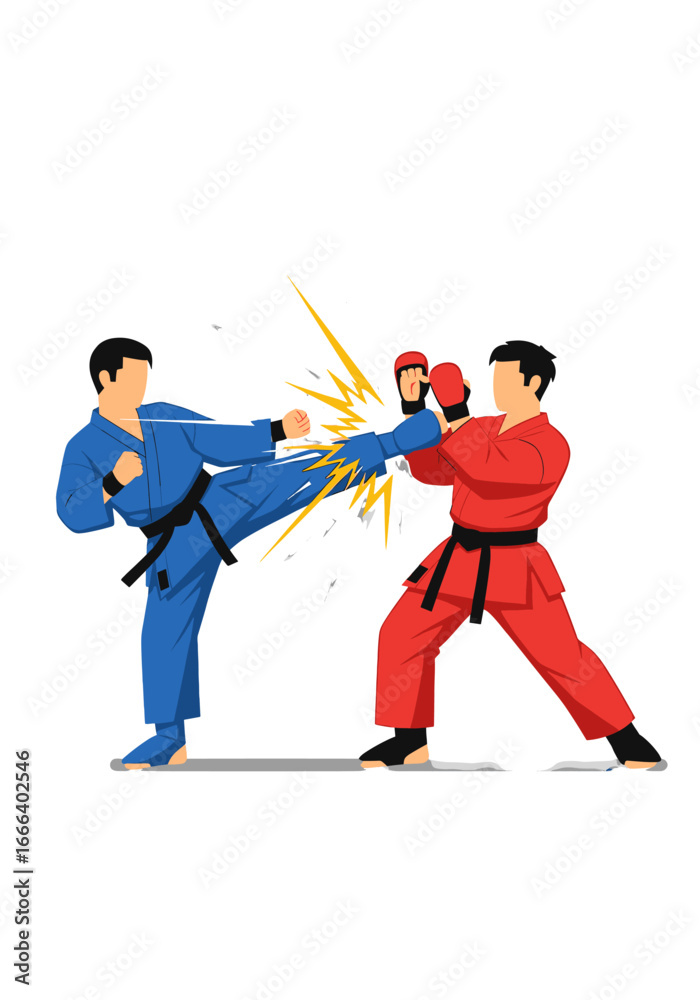 Obraz premium Two karateka athletes in action during a competition.