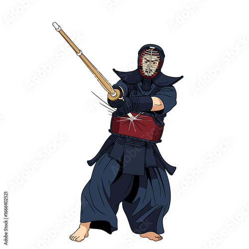 Illustration of a Kendo practitioner in full protective gear, holding a shinai in a ready stance.