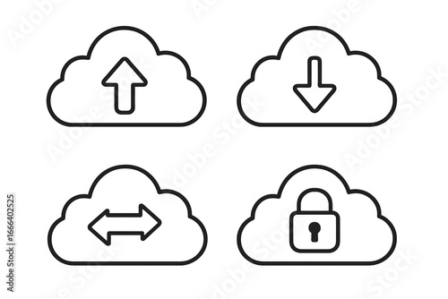 Cloud computing icon set. Upload, download, secure data transfer. Online storage and backup symbol collection. Simple line art vector illustration for web and mobile apps.