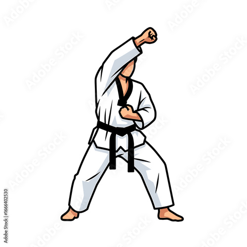 Taekwondo fighter in a defensive stance, wearing a white uniform and black belt.