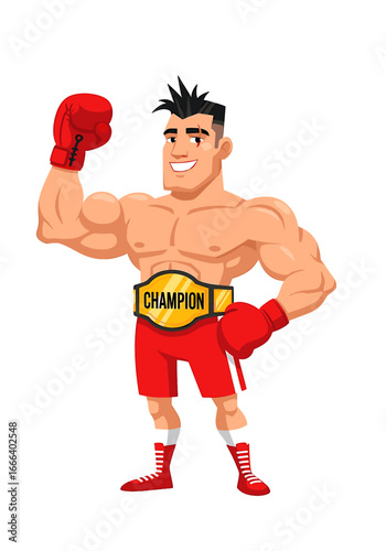 A muscular cartoon boxer celebrates his victory, flexing his arm and wearing a champion's belt.