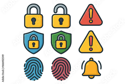 Security icon set with lock, unlock, warning sign, alert, fingerprint, and shield symbols. Vector collection for cybersecurity, data protection, privacy, and authentication concepts.