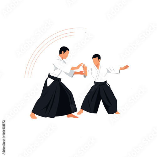 Two martial artists in traditional Japanese uniforms practicing Aikido techniques with dynamic motion lines.