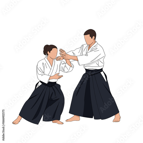 Two people in Aikido practice, demonstrating a martial arts technique with focused movements.