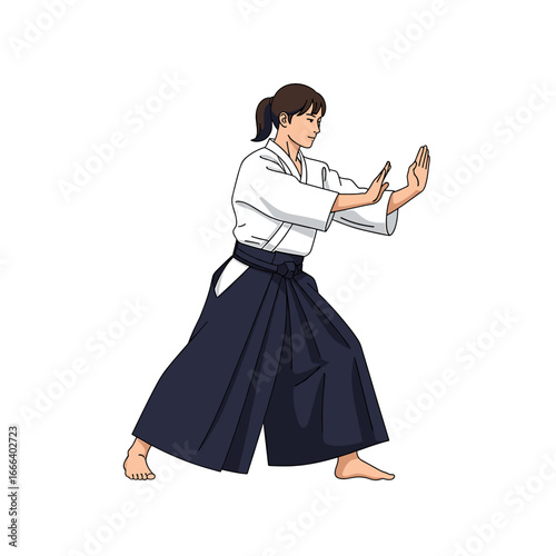 A woman in a traditional white gi and dark hakama performing an Aikido stance with her hands raised in a defensive posture.