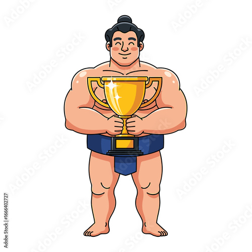 A happy cartoon sumo wrestler proudly holding a golden trophy, celebrating victory in a competition.