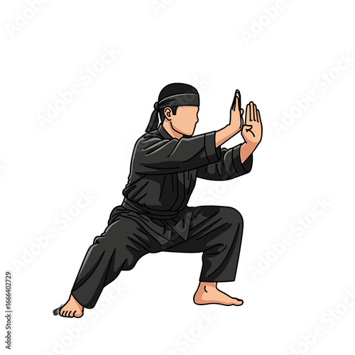 Illustration of a martial artist in a defensive stance, wearing a black uniform.