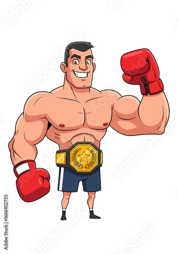 Cartoon illustration of a muscular boxer wearing red gloves and a championship belt, celebrating a victory.