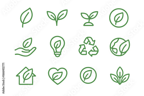 Ecology and sustainability icon set. Collection of minimalist leaf, plant, and eco-themed symbols. Green energy, recycling, organic growth, and nature conservation concepts.