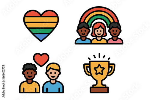 Diversity and inclusivity icon set with pride rainbow heart, interracial couple, and success trophy. Vector graphic for celebrating community, love, and achievement.