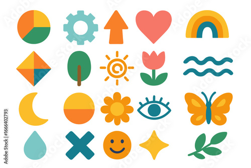 Colorful flat icon set with nature and geometric shapes. Abstract vector symbols collection. Rainbow, heart, sun, flower, butterfly for modern design. Cartoon graphic elements.