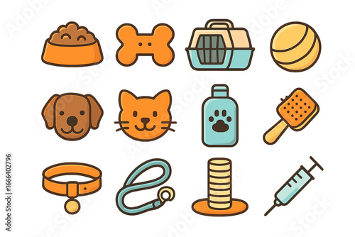 Pet care icon set. Dog and cat accessories collection. Veterinary, grooming, food, toys. Simple flat cartoon vector illustration. Animal shelter, pet shop elements design.