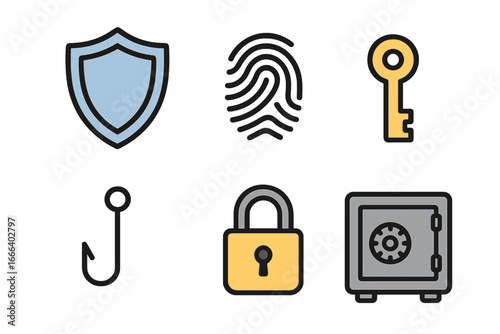 Security icon set for cybersecurity and data protection. Vector concepts including shield, key, fingerprint, phishing hook, padlock, and safe. Simple flat cartoon illustration.
