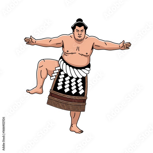 A powerful sumo wrestler in a traditional mawashi performs a leg lift and arm extension pose, showcasing strength and balance.