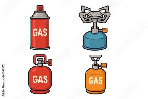 Camping gas stove, tourist burner, fuel canister and gas bottle vector icon set. Portable cooking equipment for hiking, travel, picnic. Propane cylinder cartoon illustration.