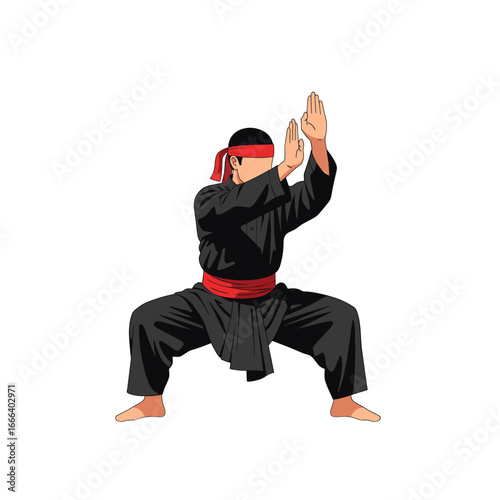 Vector illustration of a martial artist in a black uniform with a red belt, practicing a traditional defensive stance.