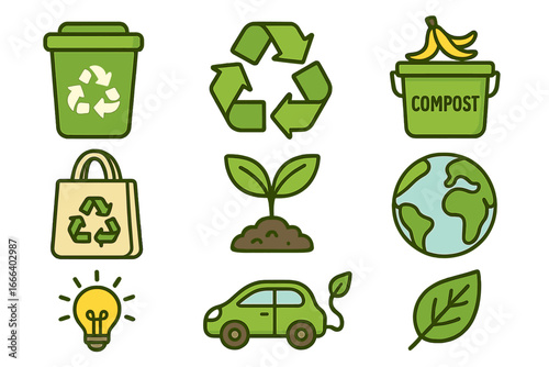 Eco friendly icon set. Green energy, recycling, and sustainable living concepts. Vector collection of earth, compost, plant, electric car, and reusable bag symbols.