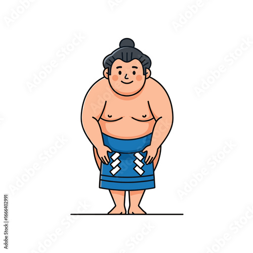 A friendly cartoon sumo wrestler bowing in a blue mawashi with a traditional topknot.