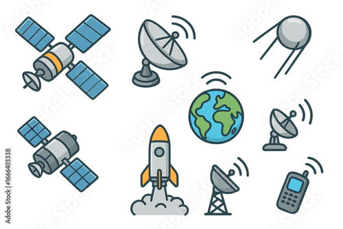 Satellite and communication icon set. Global connectivity, space exploration, and technology concept. Vector icons of rocket, earth, sputnik, antenna, and phone signal.