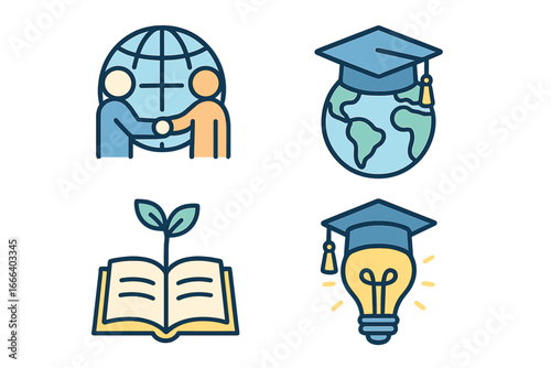 Set of education icons. Global partnership and academic growth. International study, knowledge development, innovation in learning. Graduation cap, globe, book, lightbulb symbols.